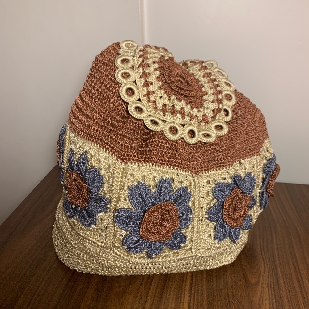 Handmade tan and gray floral crochet backpack